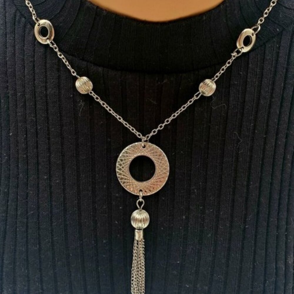 Silver Tone Beaded Tassel Necklace